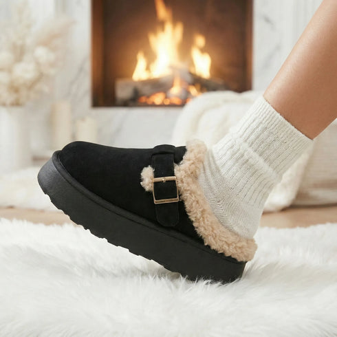Fuzzy Trim Buckle Platform Slippers