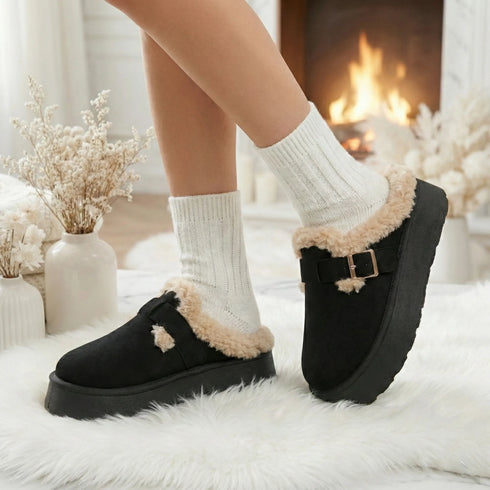Fuzzy Trim Buckle Platform Slippers