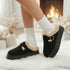 Fuzzy Trim Buckle Platform Slippers