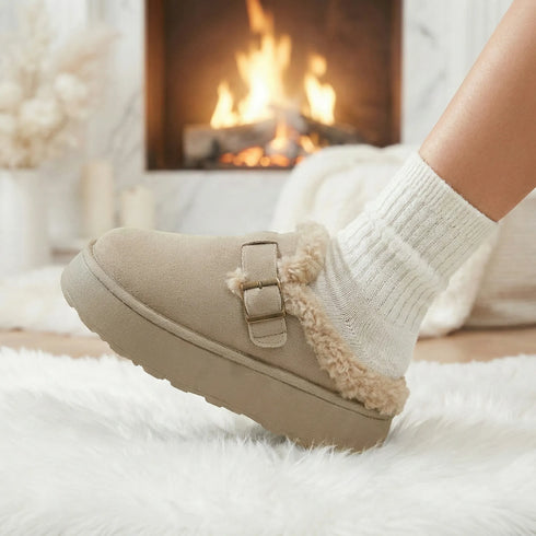 Fuzzy Trim Buckle Platform Slippers