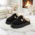 Fuzzy Trim Buckle Platform Slippers