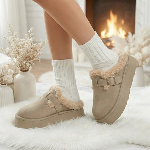 Fuzzy Trim Buckle Platform Slippers