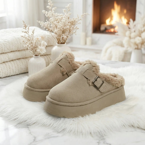 Fuzzy Trim Buckle Platform Slippers