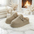 Fuzzy Trim Buckle Platform Slippers