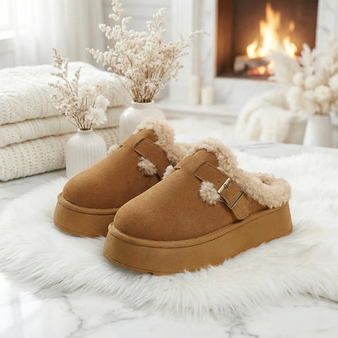 Fuzzy Trim Buckle Platform Slippers
