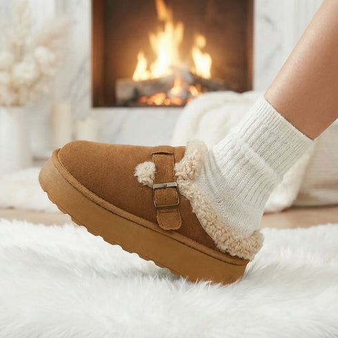 Fuzzy Trim Buckle Platform Slippers
