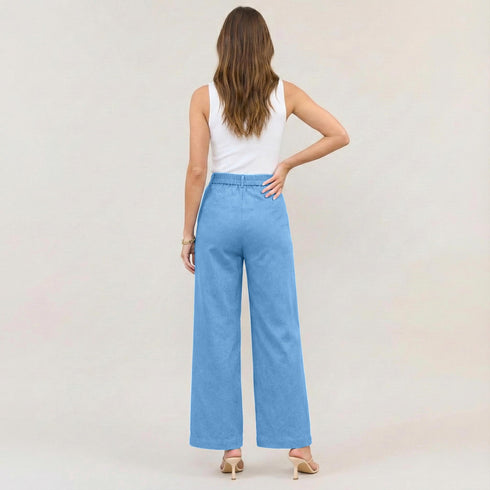 High Waist Wide Leg Trousers with Gold Button Details