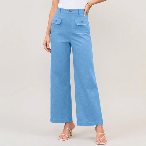 High Waist Wide Leg Trousers with Gold Button Details