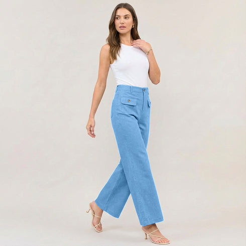 High Waist Wide Leg Trousers with Gold Button Details