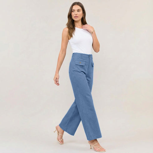 High Waist Wide Leg Trousers with Gold Button Details