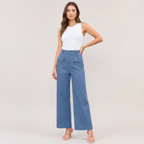 High Waist Wide Leg Trousers with Gold Button Details