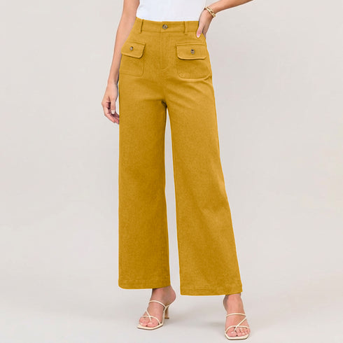 High Waist Wide Leg Trousers with Gold Button Details