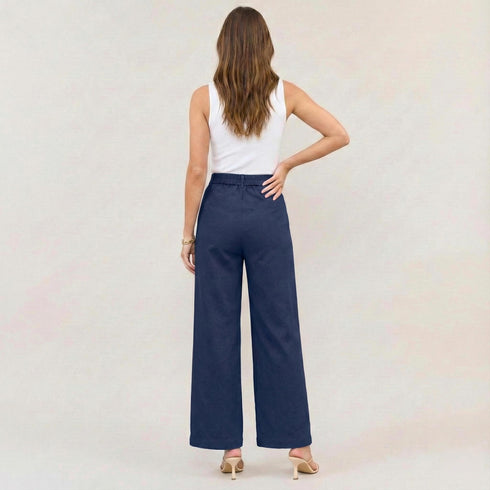 High Waist Wide Leg Trousers with Gold Button Details