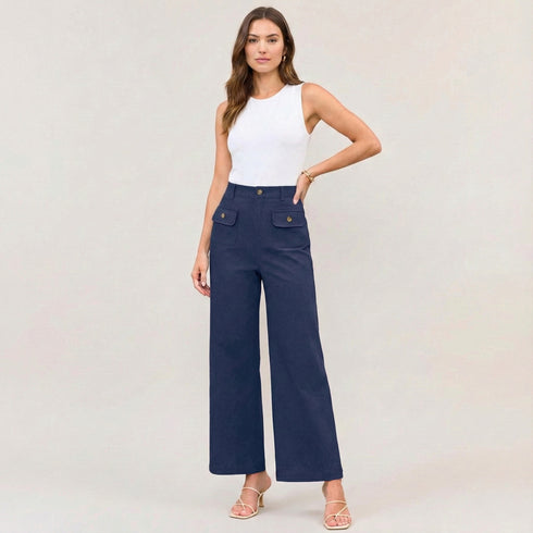 High Waist Wide Leg Trousers with Gold Button Details