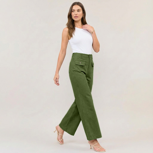 High Waist Wide Leg Trousers with Gold Button Details