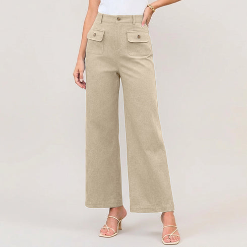 High Waist Wide Leg Trousers with Gold Button Details