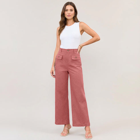 High Waist Wide Leg Trousers with Gold Button Details