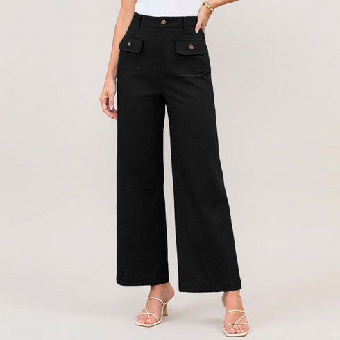 High Waist Wide Leg Trousers with Gold Button Details