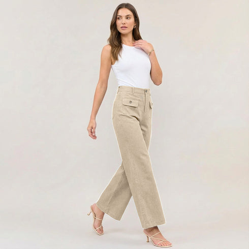 High Waist Wide Leg Trousers with Gold Button Details