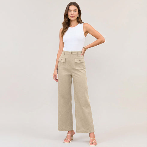 High Waist Wide Leg Trousers with Gold Button Details