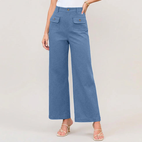 High Waist Wide Leg Trousers with Gold Button Details