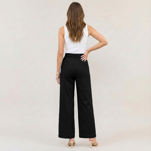 High Waist Wide Leg Trousers with Gold Button Details