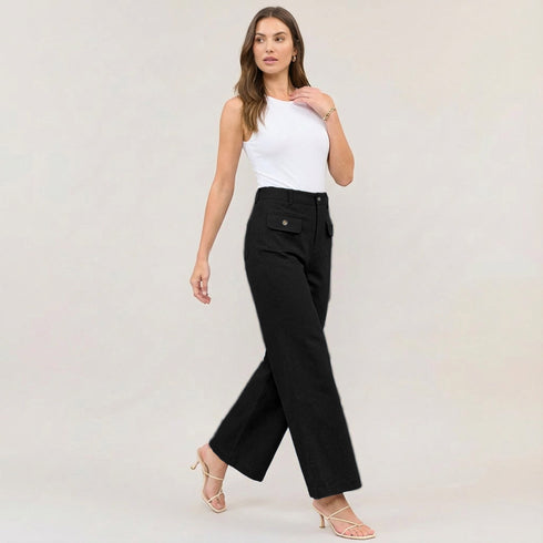 High Waist Wide Leg Trousers with Gold Button Details