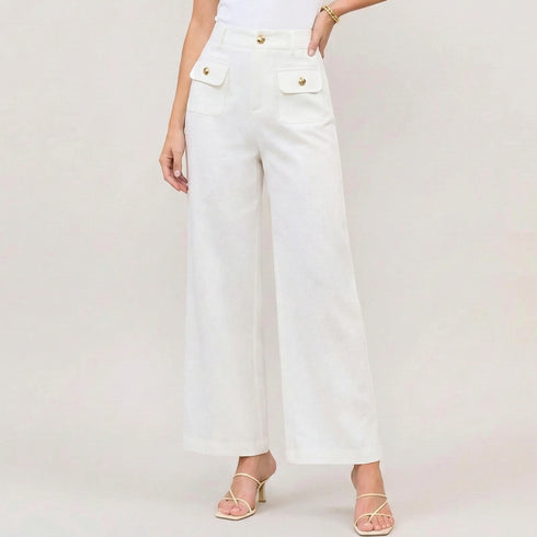 High Waist Wide Leg Trousers with Gold Button Details