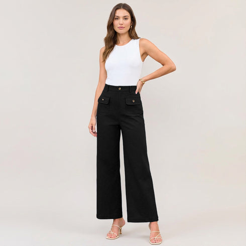 High Waist Wide Leg Trousers with Gold Button Details