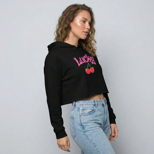 "LUCKY" Cherry Graphic Crop Hoodie