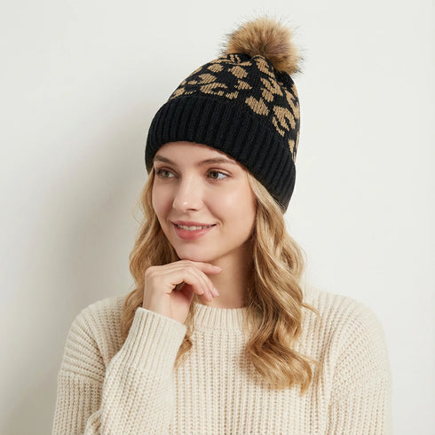 Leopard Print Pom-Pom Beanie with Faux Fur Detail