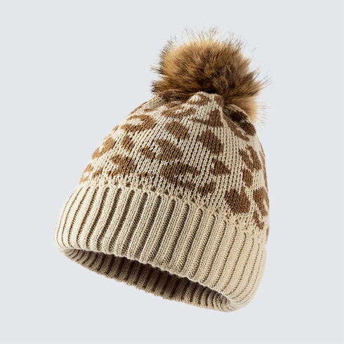 Leopard Print Pom-Pom Beanie with Faux Fur Detail
