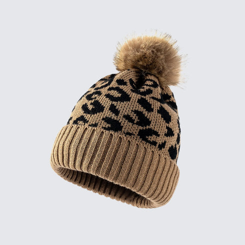 Leopard Print Pom-Pom Beanie with Faux Fur Detail