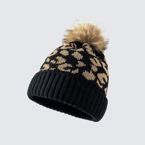 Leopard Print Pom-Pom Beanie with Faux Fur Detail