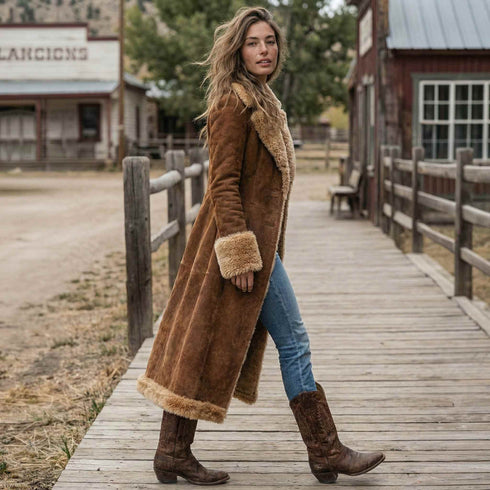 Vintage Style Faux Fur Trim Long Coat - Western Boho Duster