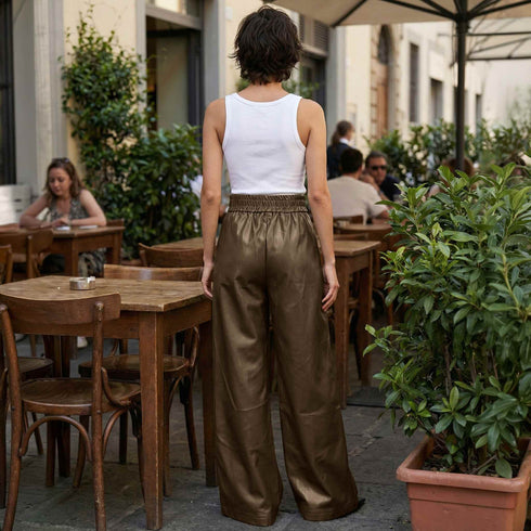 Belted High Waist Wide Leg Faux Leather Pants - Palazzo Fit