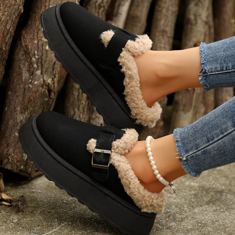 Fuzzy Trim Buckle Platform Slippers