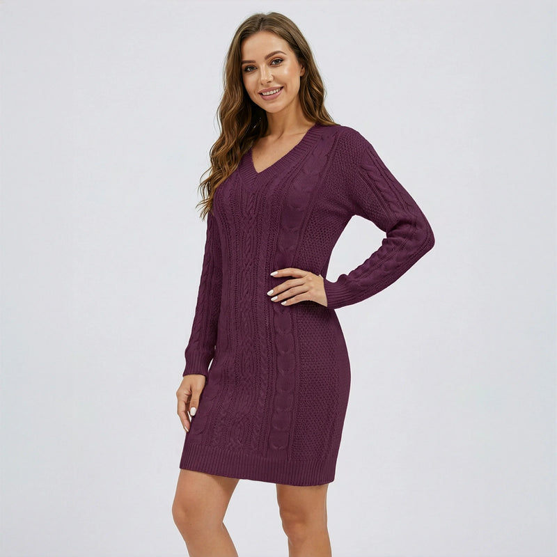 Cable-Knit V-Neck Mini Sweater Dress