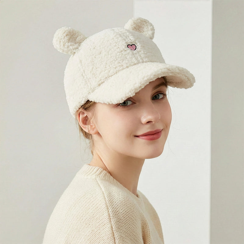 Cute Fluffy Bear Ear Sherpa Baseball Cap - Kawaii Winter Hat