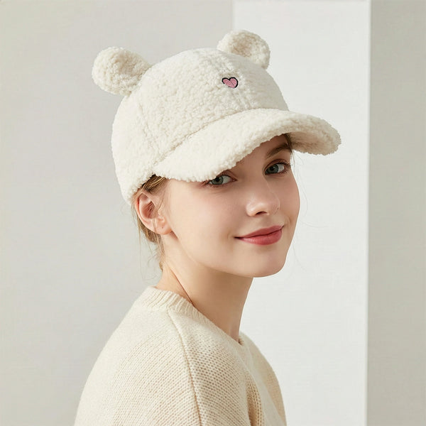Cute Fluffy Bear Ear Sherpa Baseball Cap - Kawaii Winter Hat