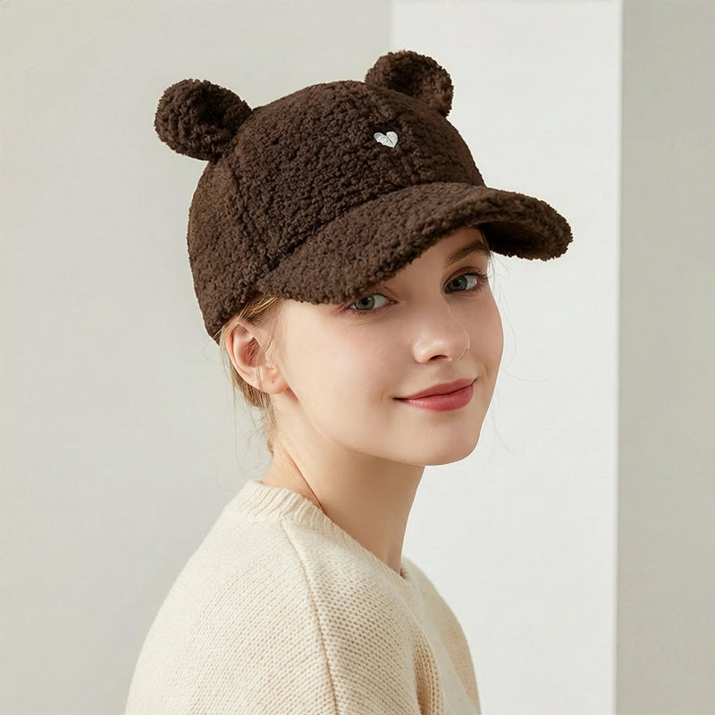 Cute Fluffy Bear Ear Sherpa Baseball Cap - Kawaii Winter Hat