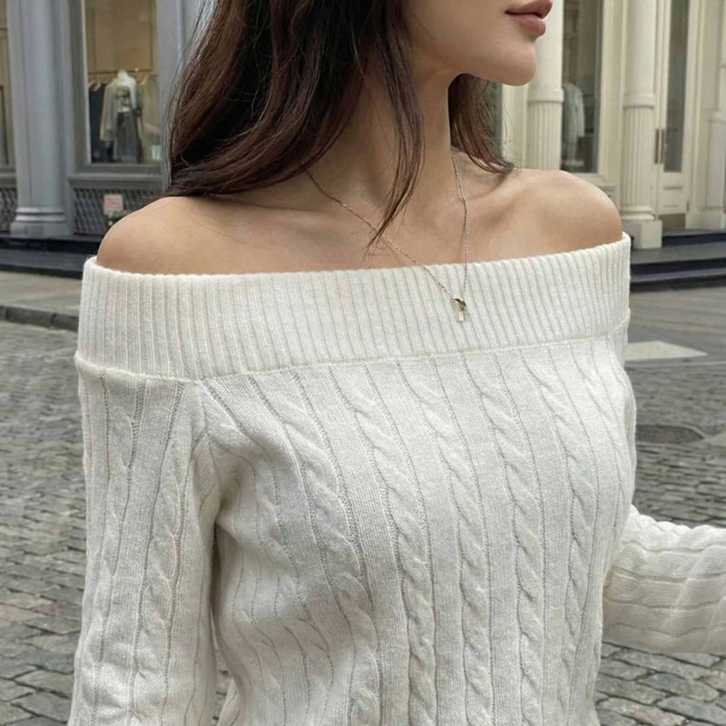 Elegant Off-Shoulder Cable Knit Sweater - Chic Slouchy Pullover