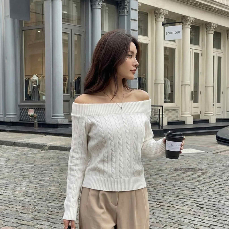 Elegant Off-Shoulder Cable Knit Sweater - Chic Slouchy Pullover