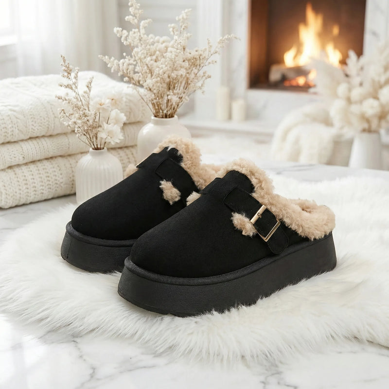 Fuzzy Trim Buckle Platform Slippers