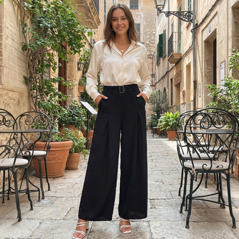 Belted Textured High Waist Wide Leg Pants - Elegant Office Fit