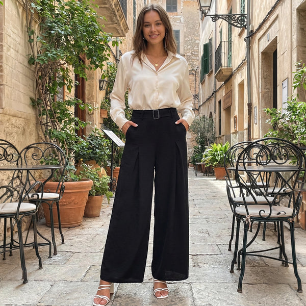 Belted Textured High Waist Wide Leg Pants - Elegant Office Fit