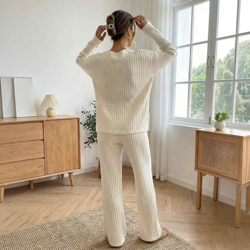 Tan Ribbed Knit V-Neck Lounge Set