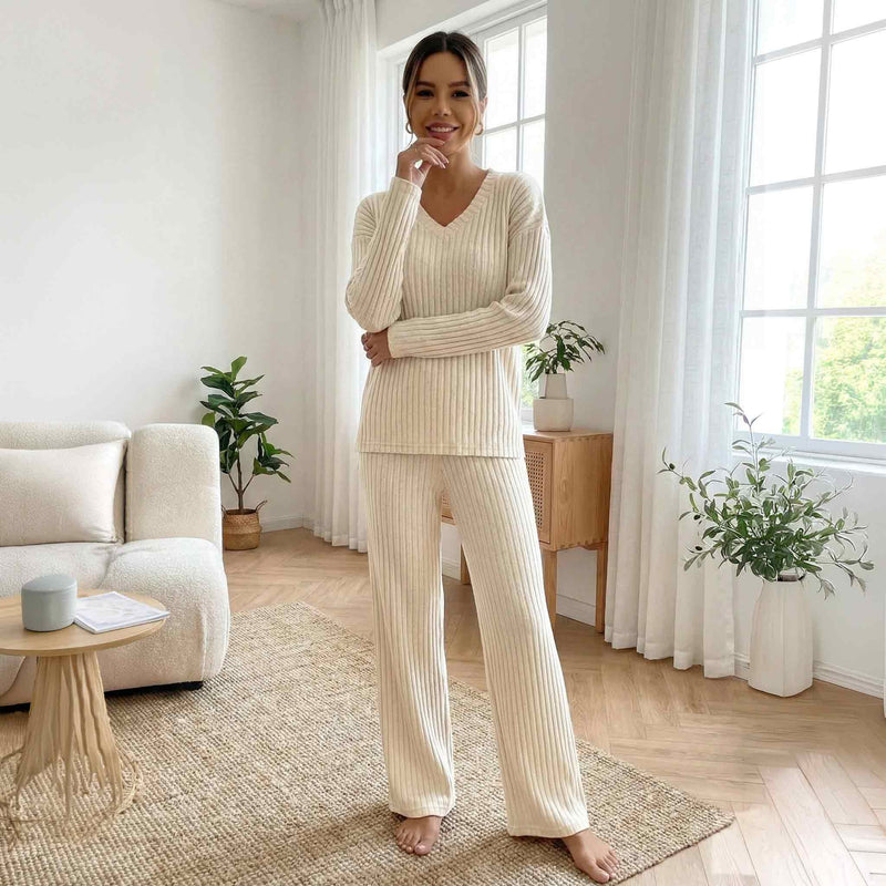Tan Ribbed Knit V-Neck Lounge Set