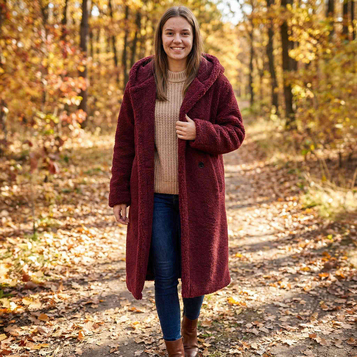 Hooded Teddy Bear Long Coat - Cozy Sherpa Outerwear Hover