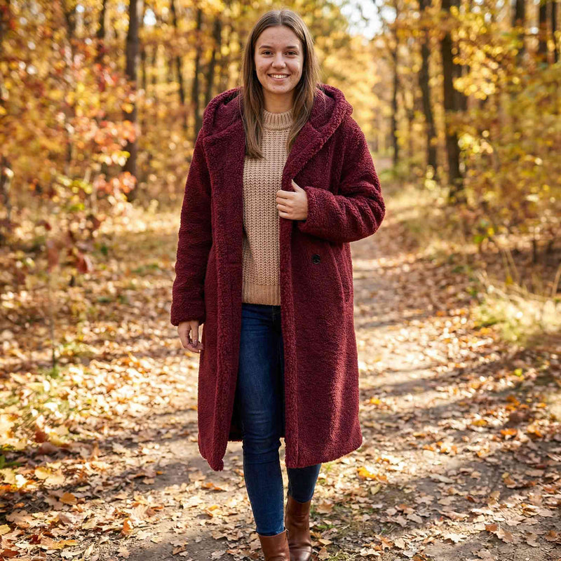 Hooded Teddy Bear Long Coat - Cozy Sherpa Outerwear